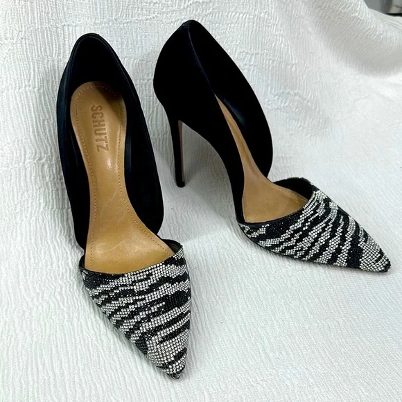 Schutz Black and White rhinestones in zebra print Women's Heels​ - Picture 2 of 9